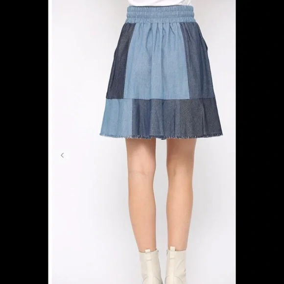 Denim color block, drawstring tie skirt - Picture 4 of 6